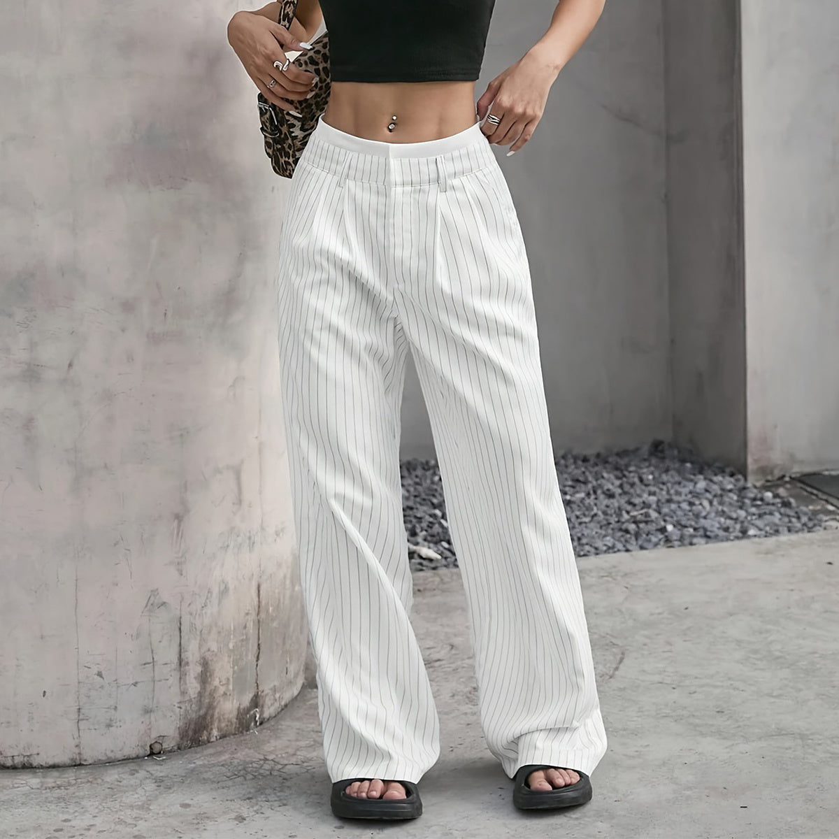 Selmirae® | Pantalon Droit Taille Haute à Rayures Élégantes