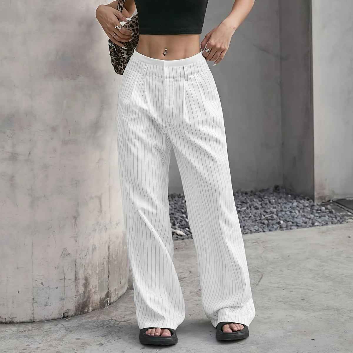 Selmirae® | Pantalon Droit Taille Haute à Rayures Élégantes