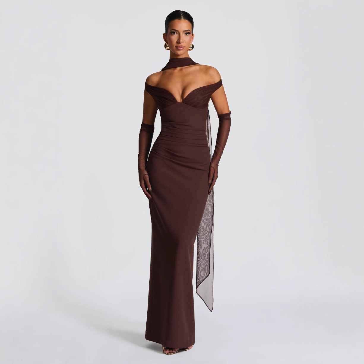 Robe Longue Sexy Épaules Dénudées – Taille Haute, Style Soirée Élégante (Rose & Marron)