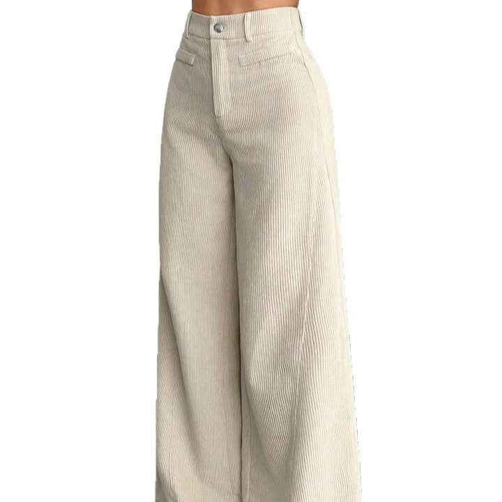 Pantalon femme taille haute ample effet amincissant, uni, coupe large style “mop”