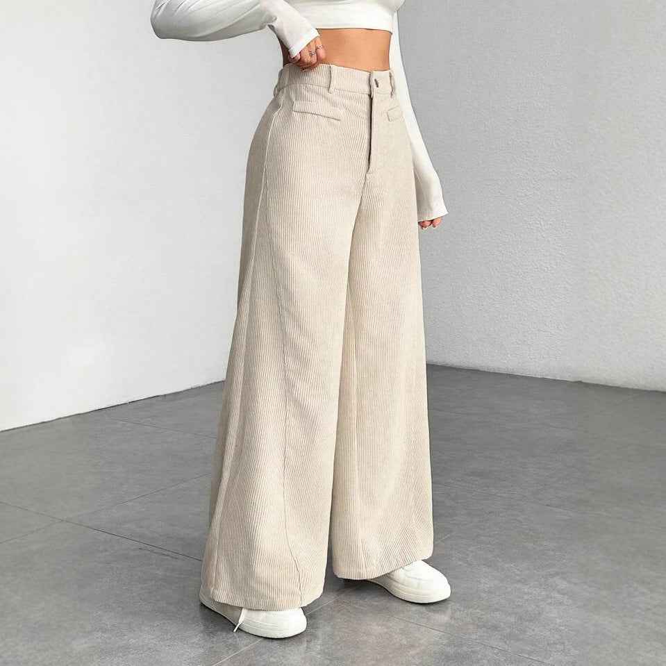 Pantalon femme taille haute ample effet amincissant, uni, coupe large style “mop”