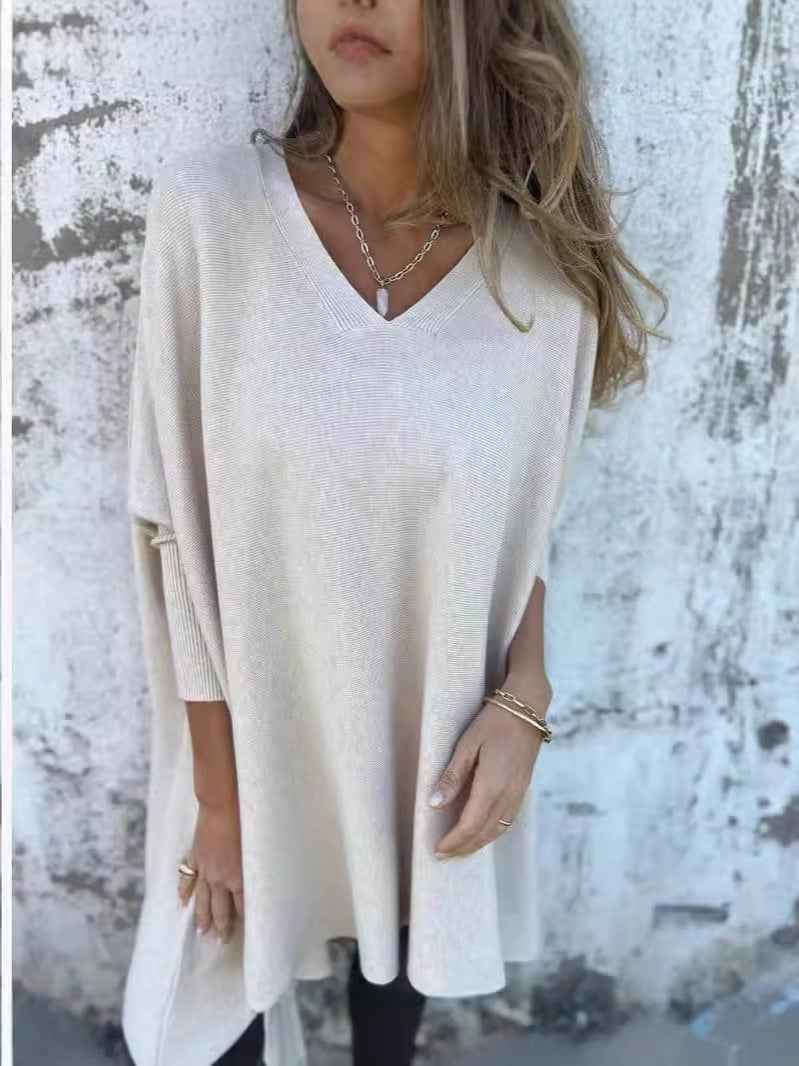 Chemise longue en maille à manches longues et col en V pour femme