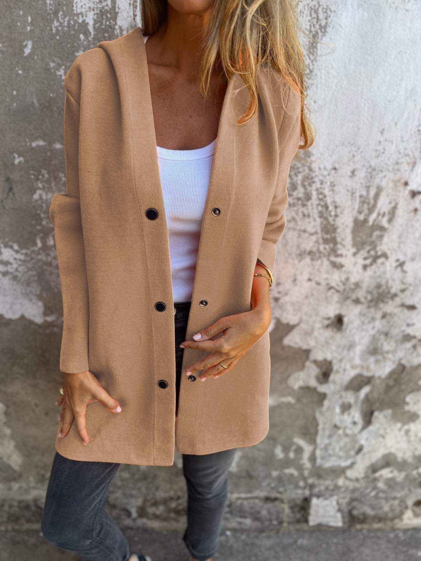 Veste cardigan à capuche décontractée à simple boutonnage – Coupe ample unie pour le printemps et l’automne