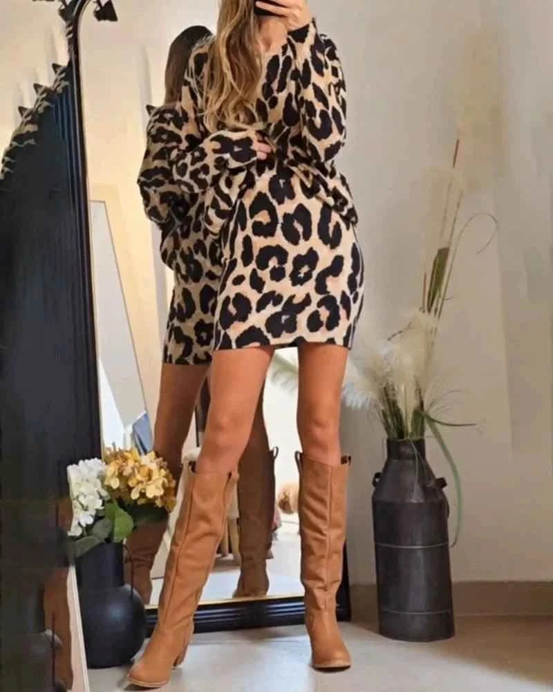 Zafélya® | Robe Pull Léopard à Manches Longues – Féline & Élégante