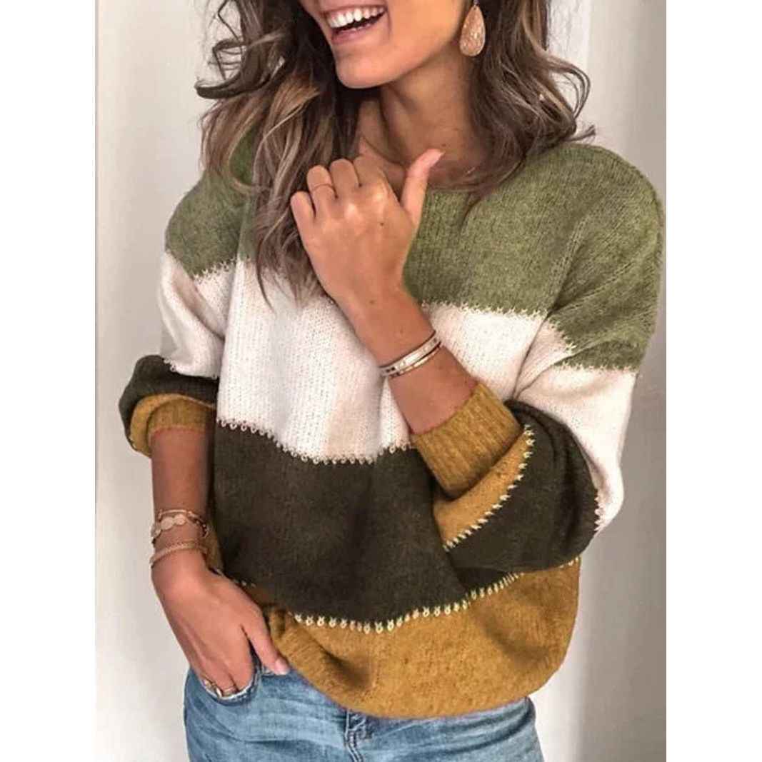 Casual Long-sleeved Striped Round Neck Knitted Pullover Sweater
