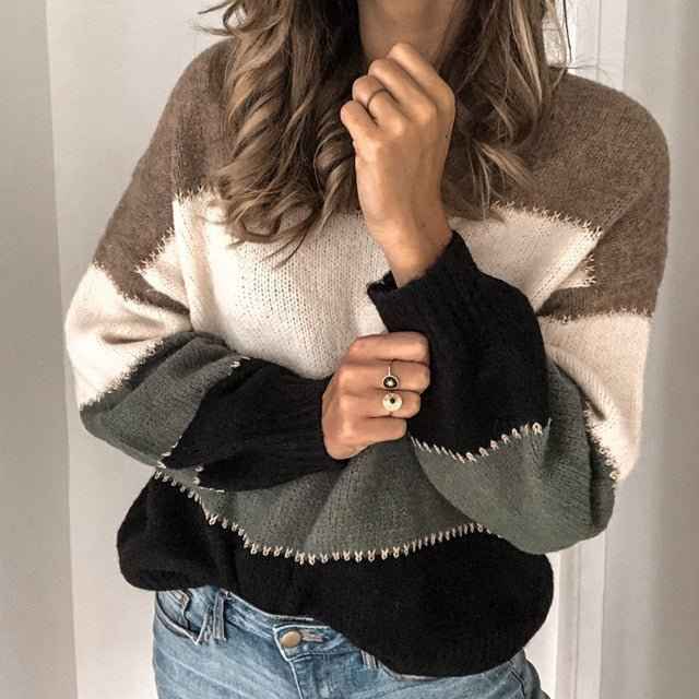 Casual Long-sleeved Striped Round Neck Knitted Pullover Sweater