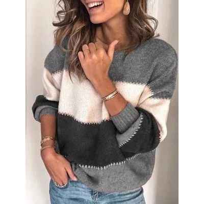 Casual Long-sleeved Striped Round Neck Knitted Pullover Sweater