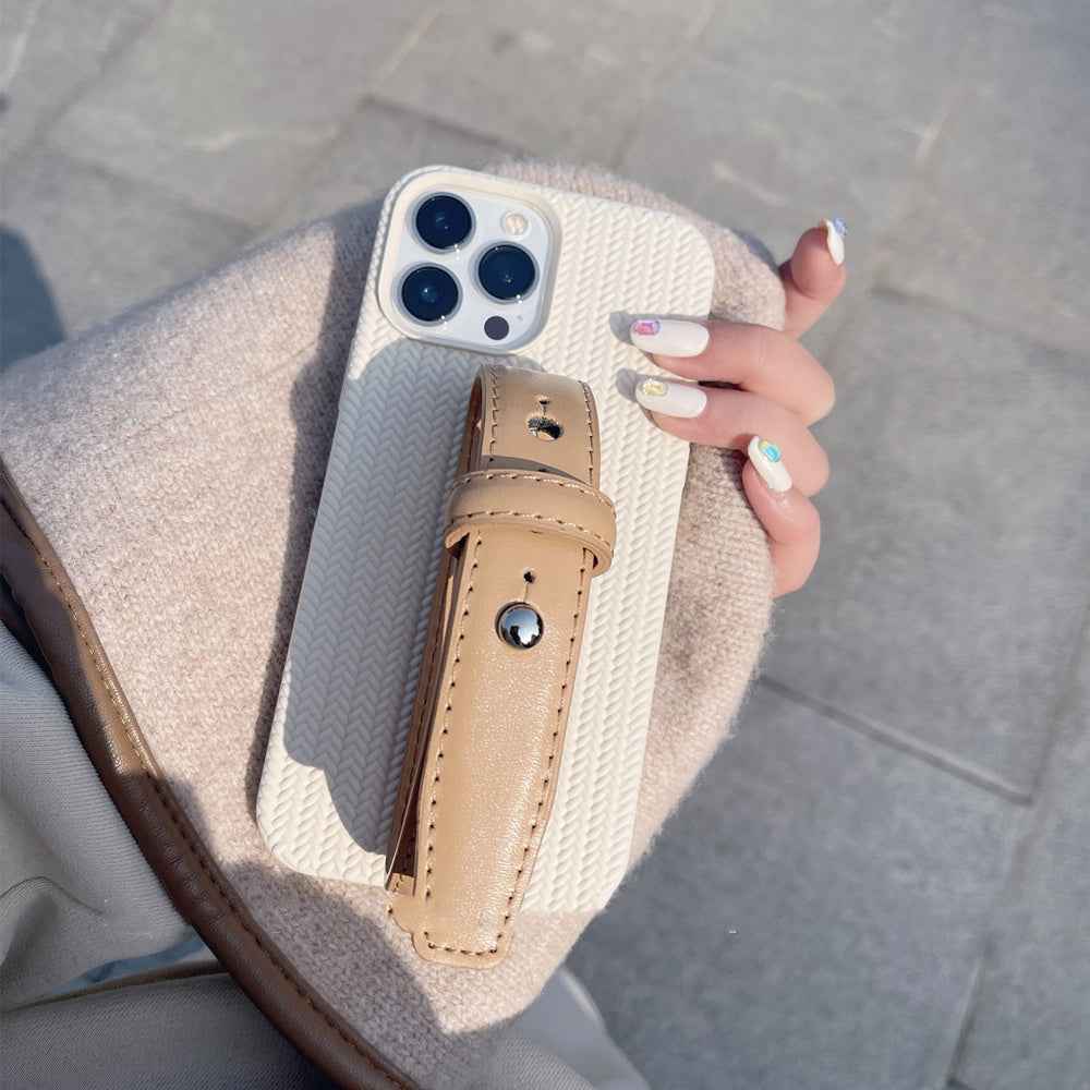 High Luxury Milk Apricot Twist Leather Wristband Phone Case