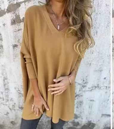 Chemise longue en maille à manches longues et col en V pour femme