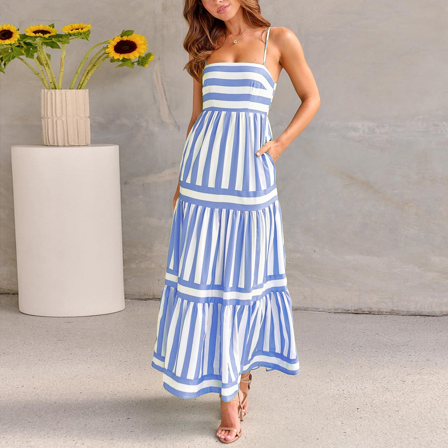 Oravelle® | Robe Longue à Bretelles Rayées avec Poches – Charme Estival