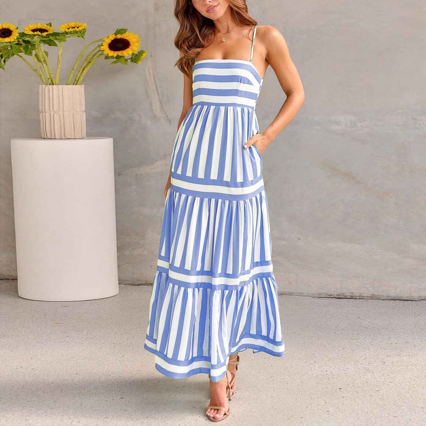 Oravelle® | Robe Longue à Bretelles Rayées avec Poches – Charme Estival