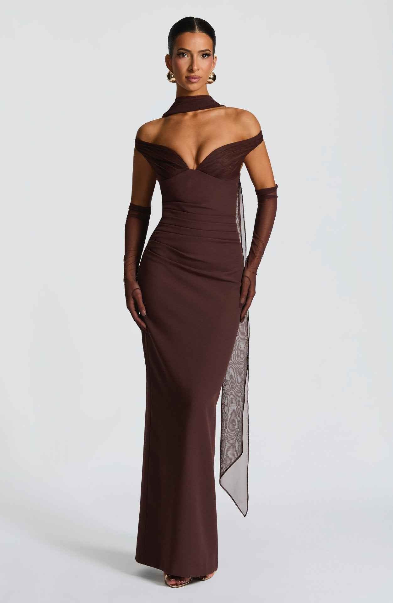 Robe Longue Sexy Épaules Dénudées – Taille Haute, Style Soirée Élégante (Rose & Marron)