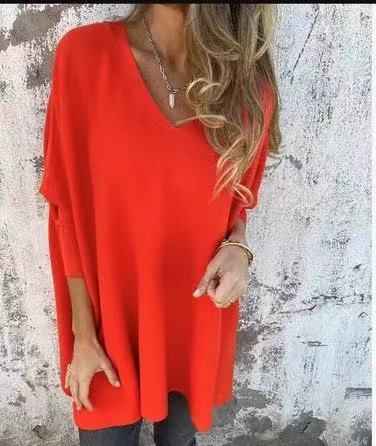Chemise longue en maille à manches longues et col en V pour femme