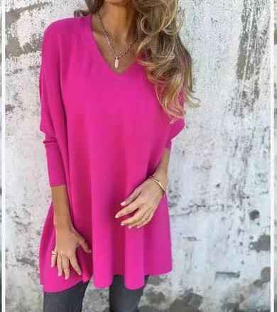 Chemise longue en maille à manches longues et col en V pour femme