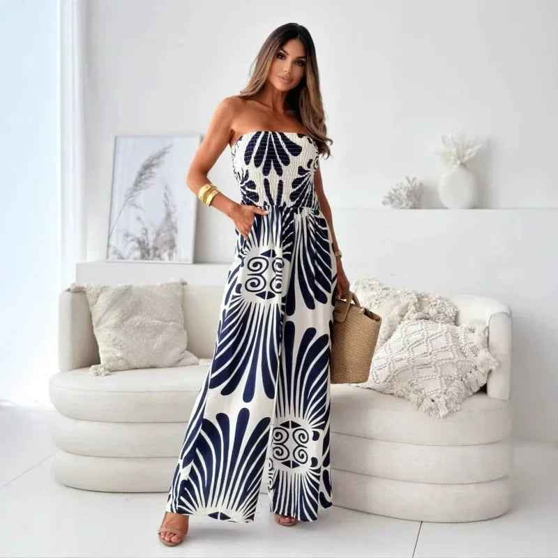Lioréa® | Combinaison Épaules Dénudées à Jambe Large Imprimé Soleil