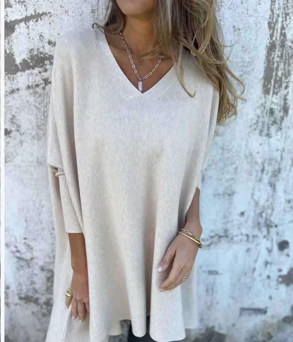 Chemise longue en maille à manches longues et col en V pour femme