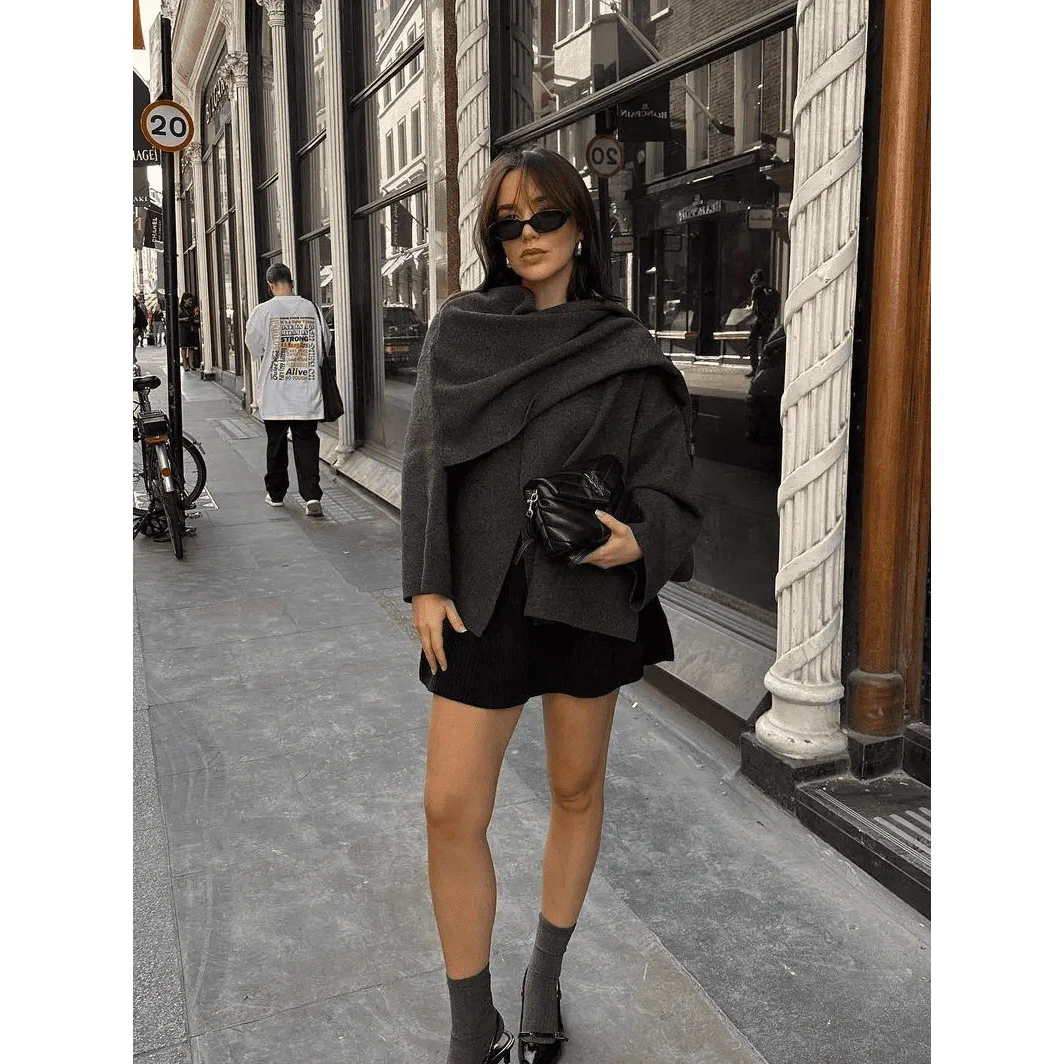 Sienne® | Manteau Tricoté Femme avec Écharpe Asymétrique