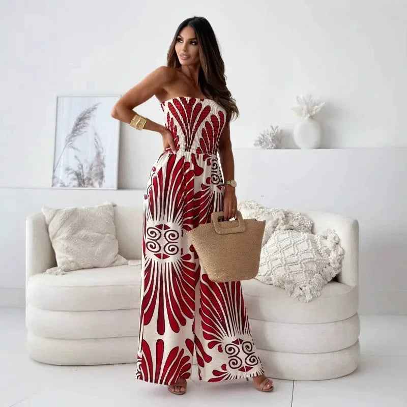 Lioréa® | Combinaison Épaules Dénudées à Jambe Large Imprimé Soleil - parlezmode.com