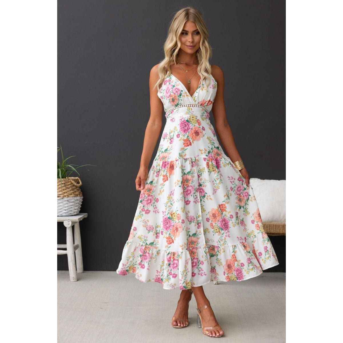 Women's Printed Suspender Slit Dress