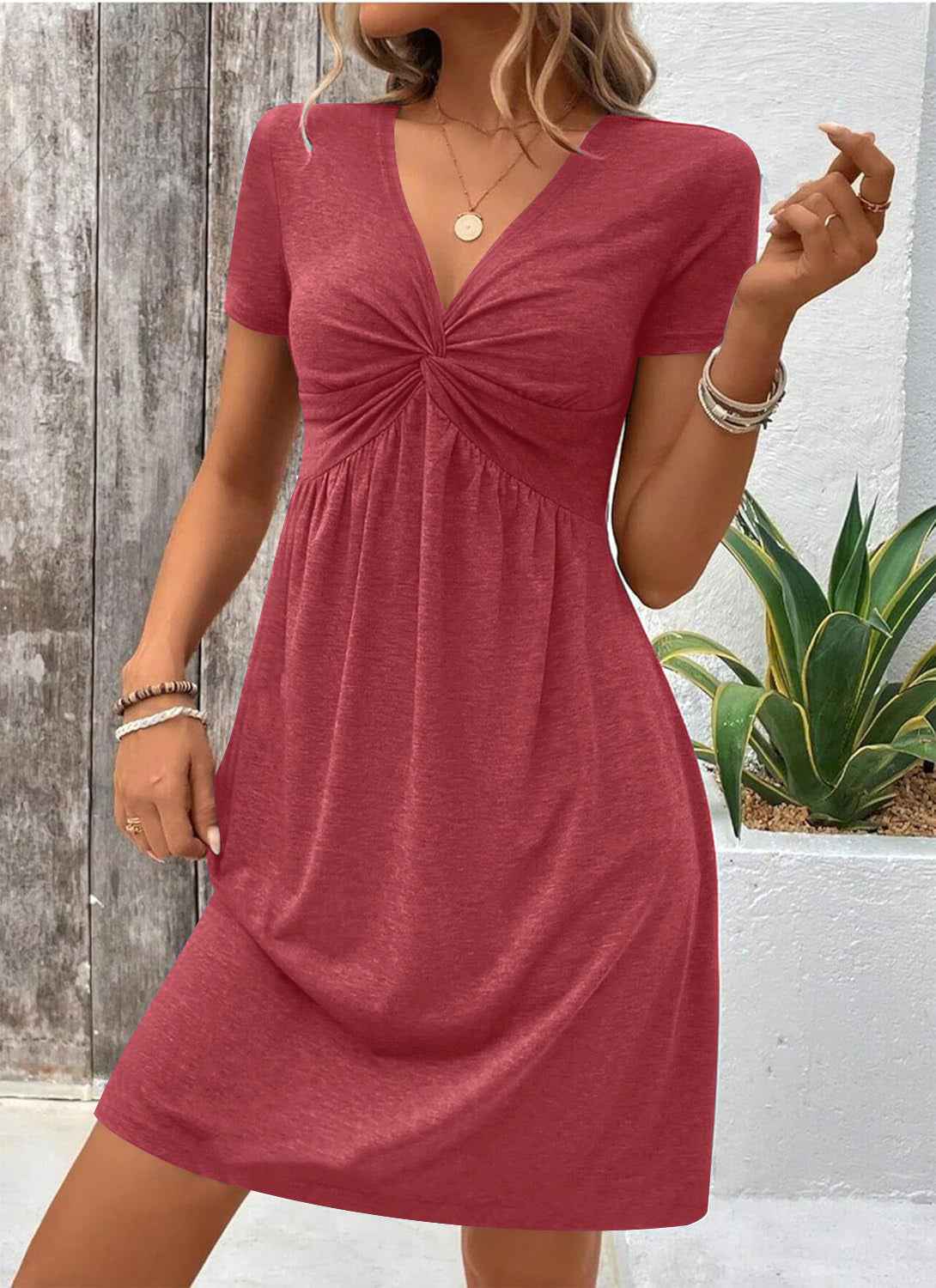 Aurevelle® | Robe Drapée à Manches Courtes Élégance Décontractée