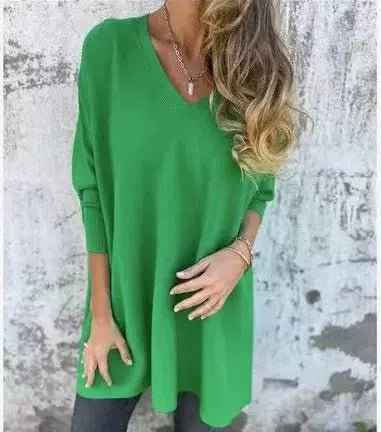 Chemise longue en maille à manches longues et col en V pour femme