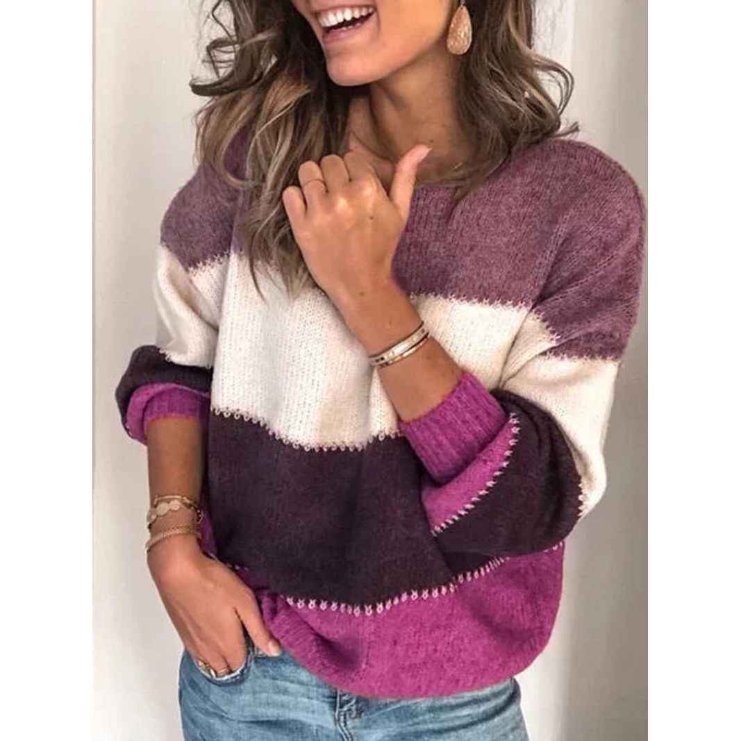 Casual Long-sleeved Striped Round Neck Knitted Pullover Sweater