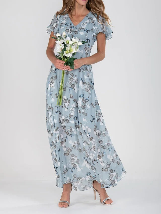 Floréane® | Robe Longue Évasée à Imprimé Floral et Manches Volantes