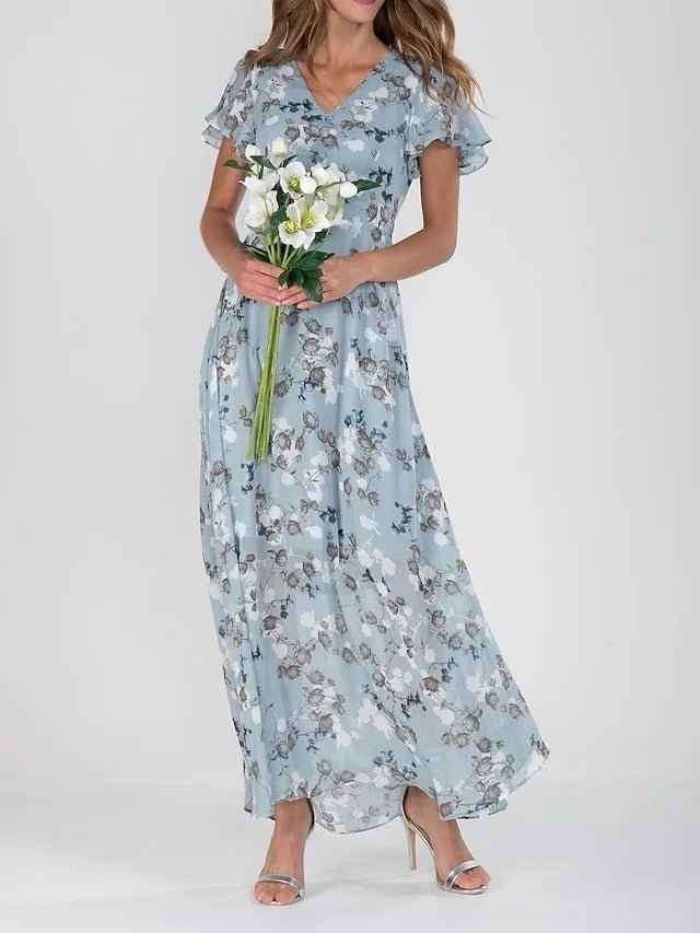 Floréane® | Robe Longue Évasée à Imprimé Floral et Manches Volantes