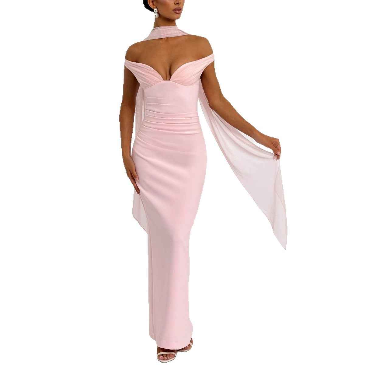 Robe Longue Sexy Épaules Dénudées – Taille Haute, Style Soirée Élégante (Rose & Marron)