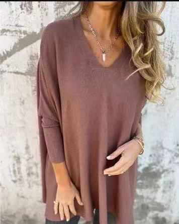 Chemise longue en maille à manches longues et col en V pour femme