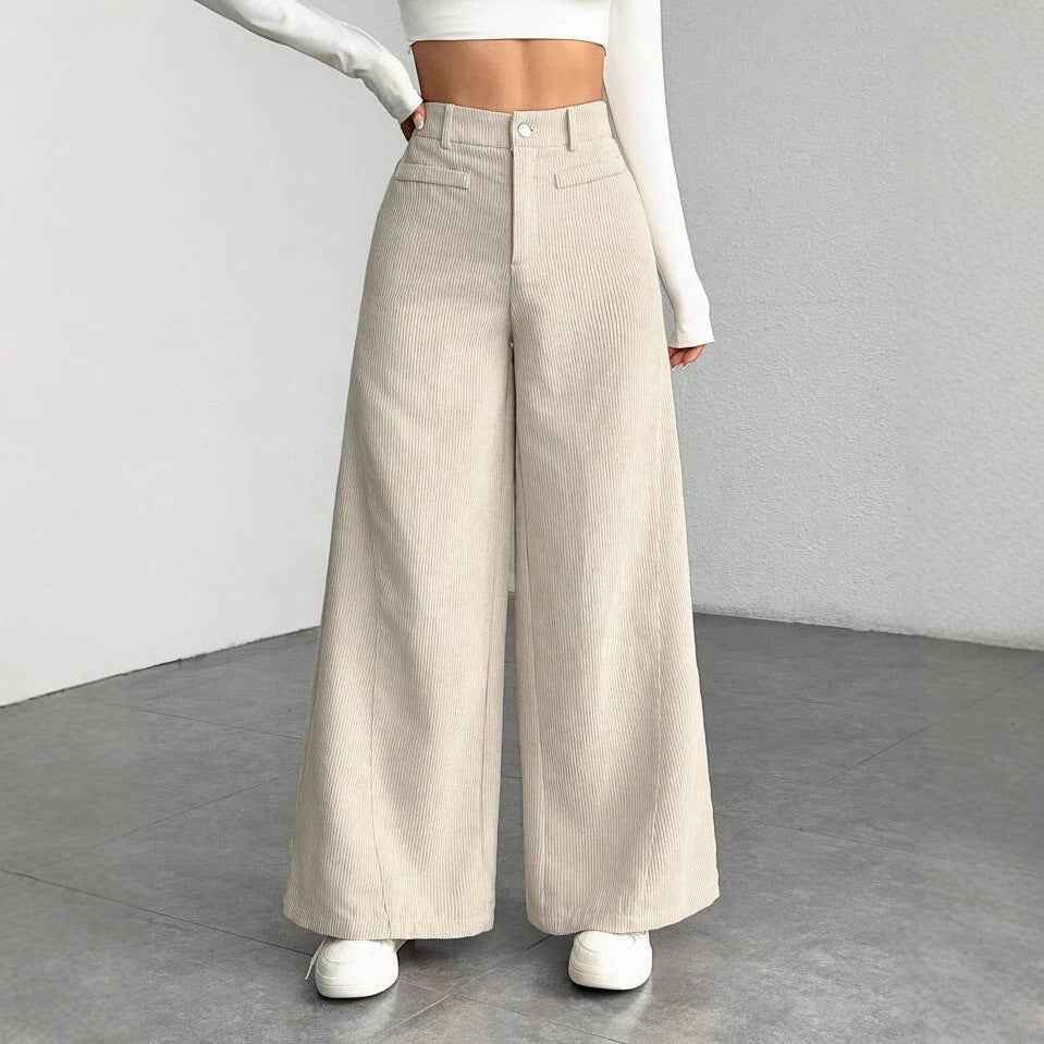 Pantalon femme taille haute ample effet amincissant, uni, coupe large style “mop”