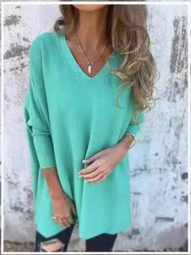 Chemise longue en maille à manches longues et col en V pour femme