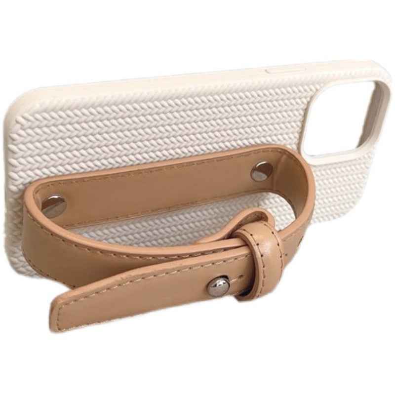 High Luxury Milk Apricot Twist Leather Wristband Phone Case