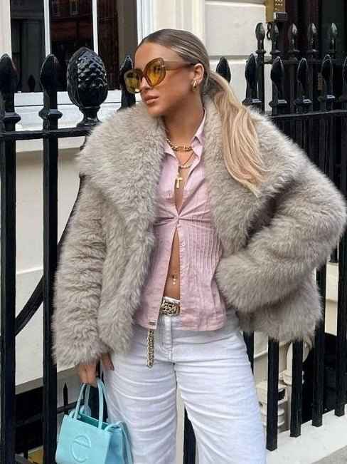 Veste chaude femme en peluche, col à revers, style décontracté, manches longues