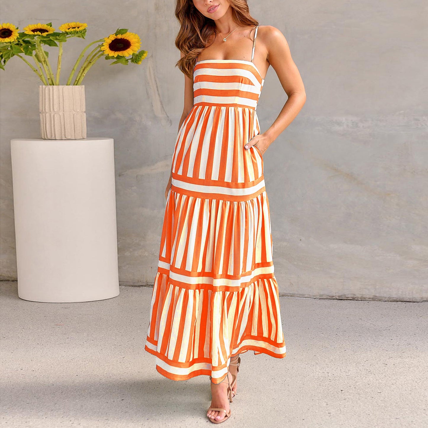 Oravelle® | Robe Longue à Bretelles Rayées avec Poches – Charme Estival