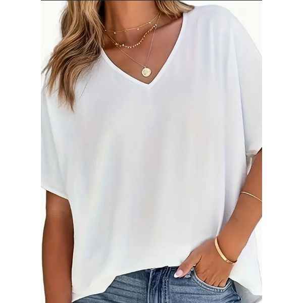 Solid Versatile Blouse, Casual V Neck Short Sleeve Blouse, Women's Clothing