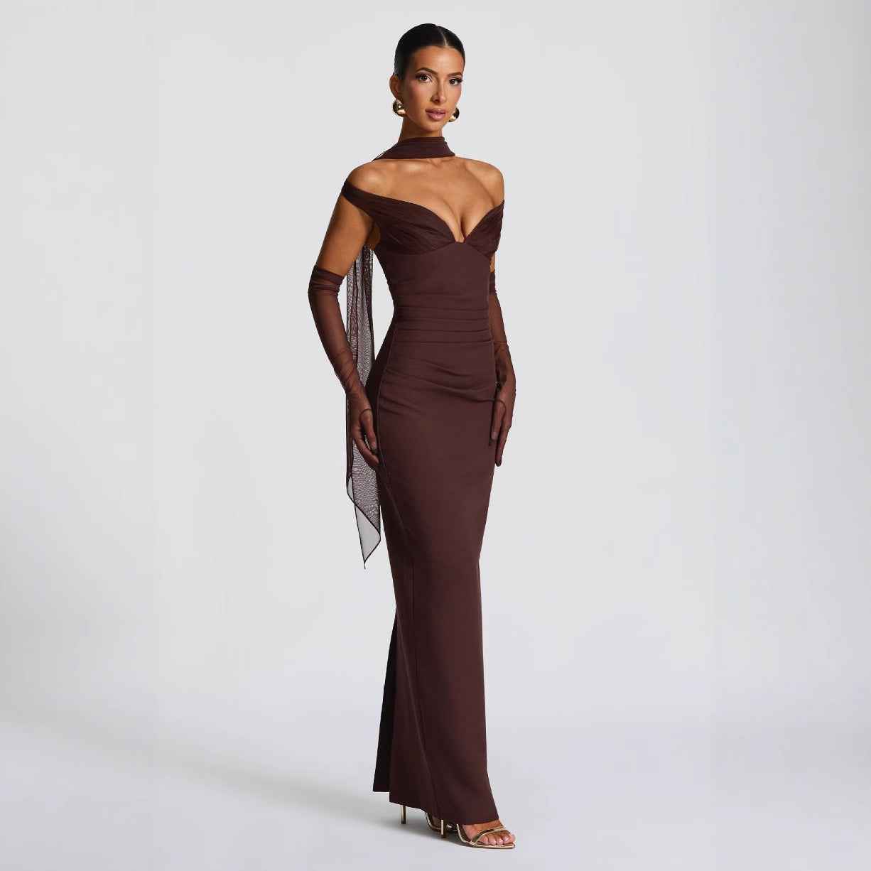 Robe Longue Sexy Épaules Dénudées – Taille Haute, Style Soirée Élégante (Rose & Marron)
