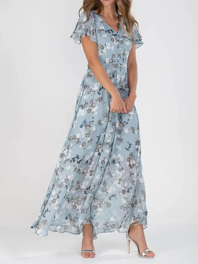 Floréane® | Robe Longue Évasée à Imprimé Floral et Manches Volantes