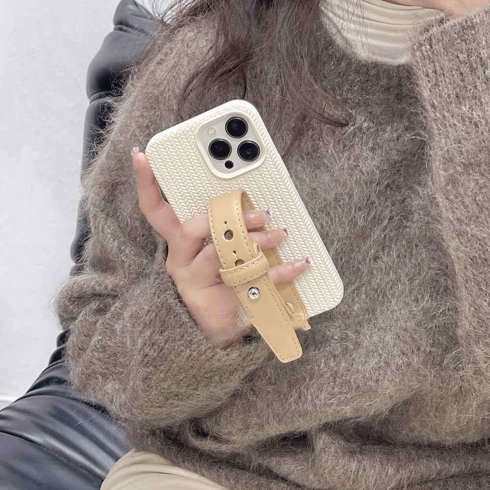 High Luxury Milk Apricot Twist Leather Wristband Phone Case