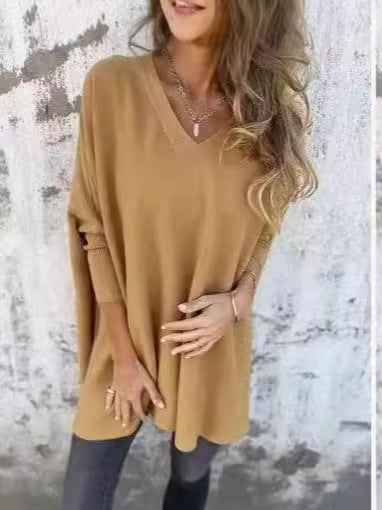 Chemise longue en maille à manches longues et col en V pour femme