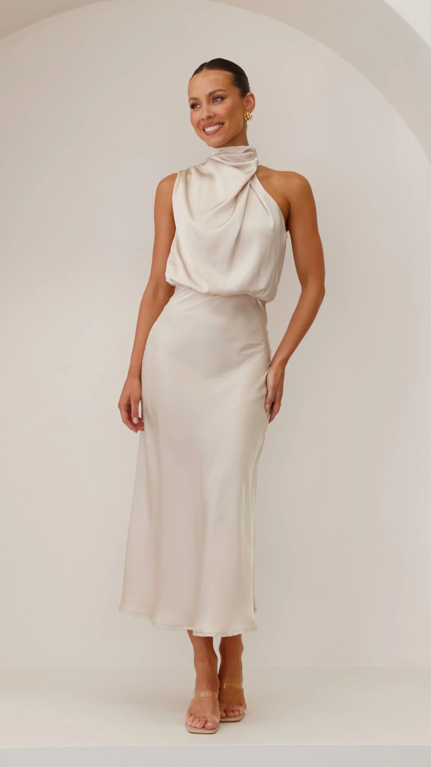 Orivelle® | Robe Longue Drapée Col Montant Chic Soirée