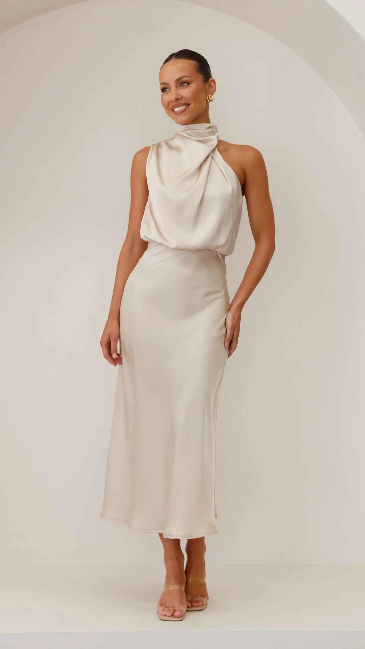 Orivelle® | Robe Longue Drapée Col Montant Chic Soirée