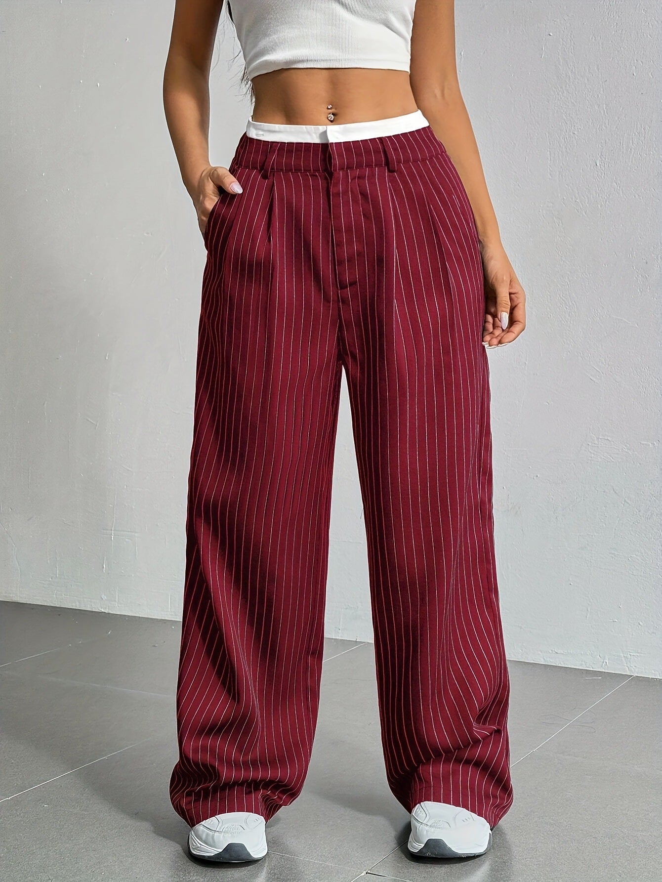 Selmirae® | Pantalon Droit Taille Haute à Rayures Élégantes
