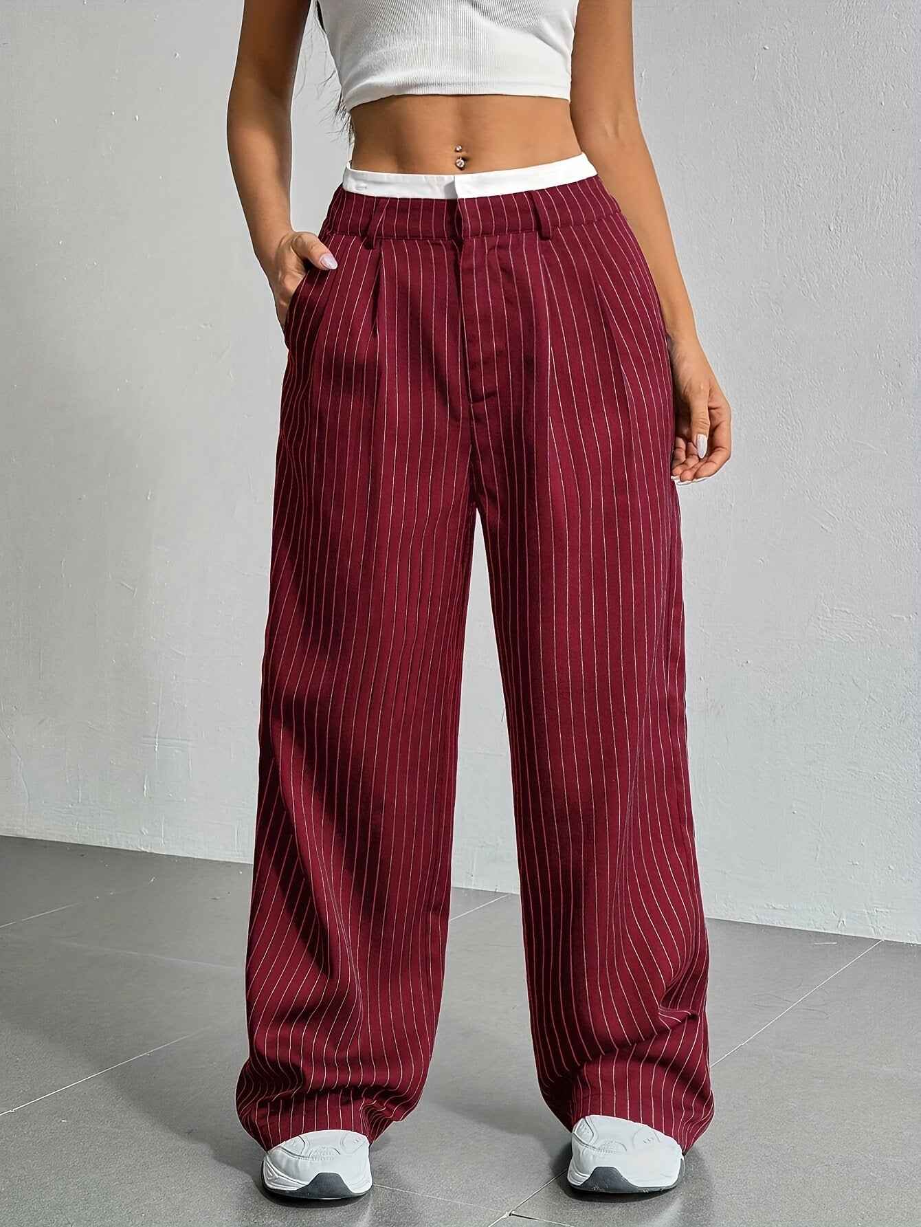 Selmirae® | Pantalon Droit Taille Haute à Rayures Élégantes