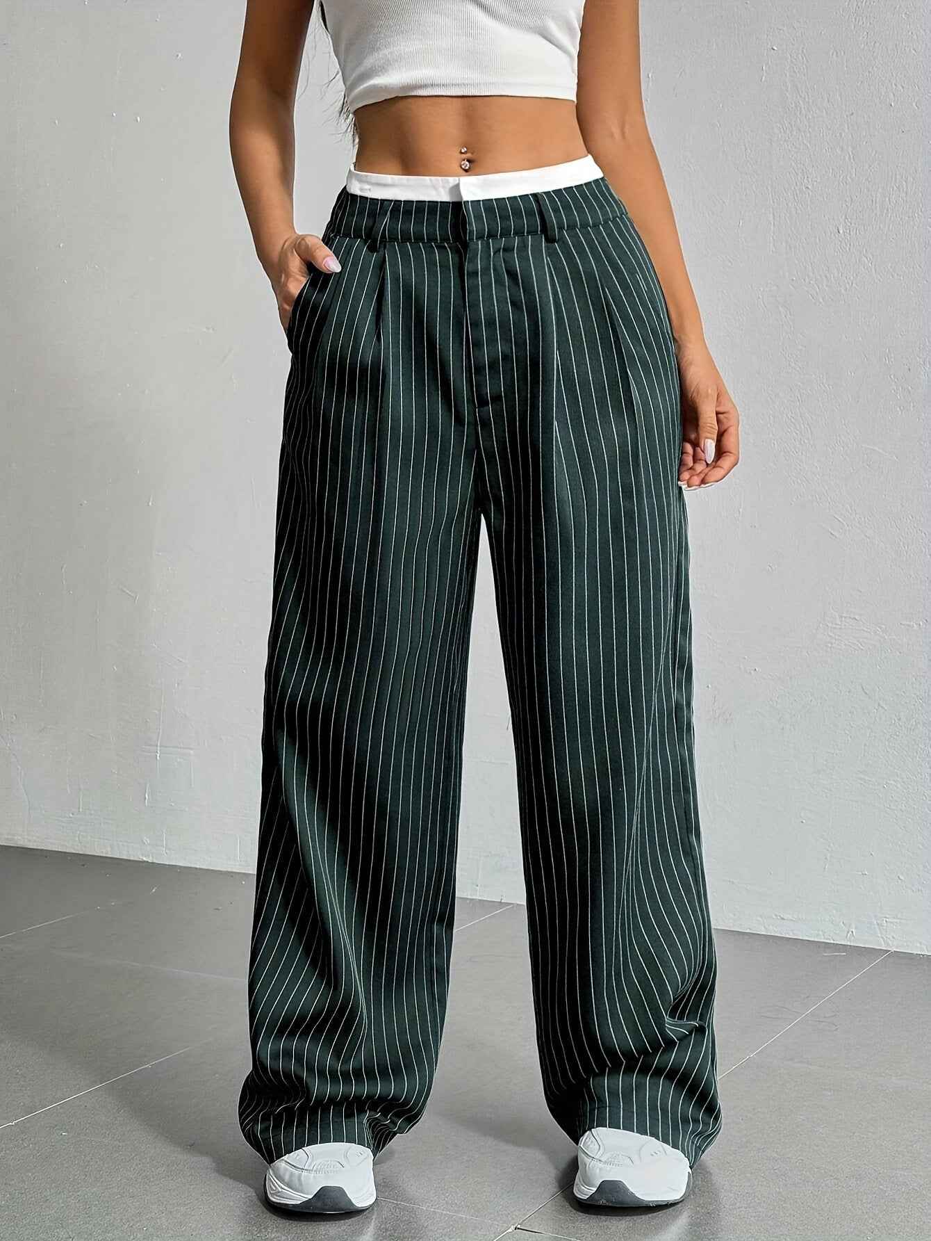 Selmirae® | Pantalon Droit Taille Haute à Rayures Élégantes