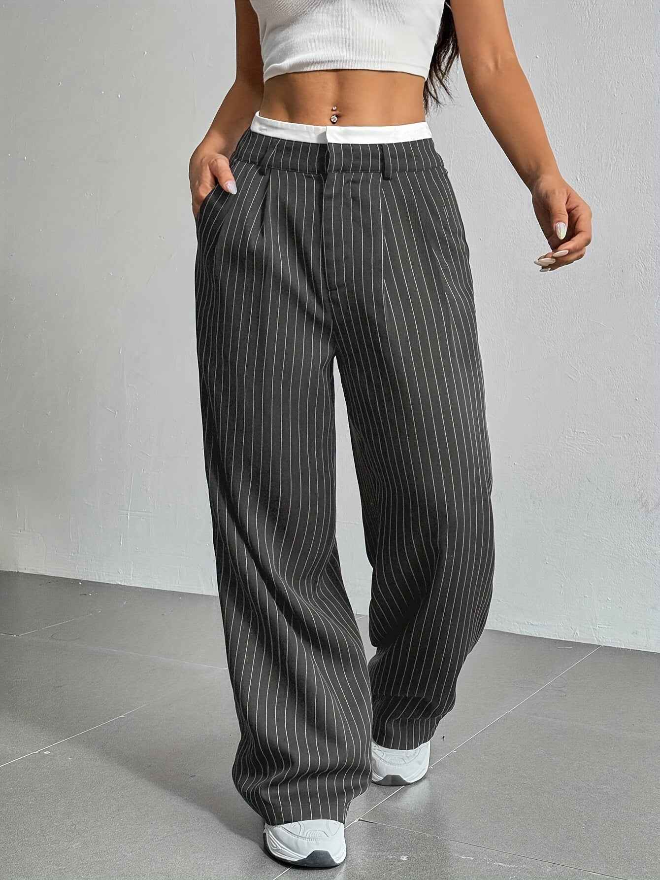 Selmirae® | Pantalon Droit Taille Haute à Rayures Élégantes
