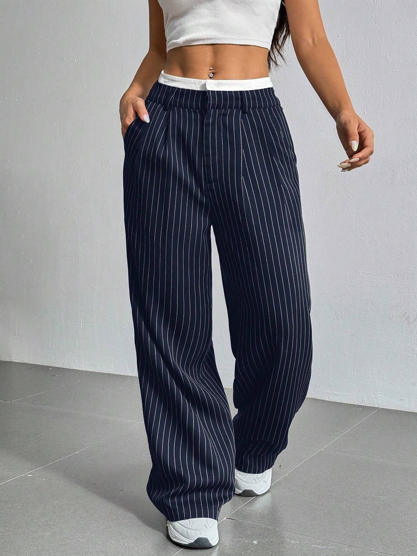 Selmirae® | Pantalon Droit Taille Haute à Rayures Élégantes