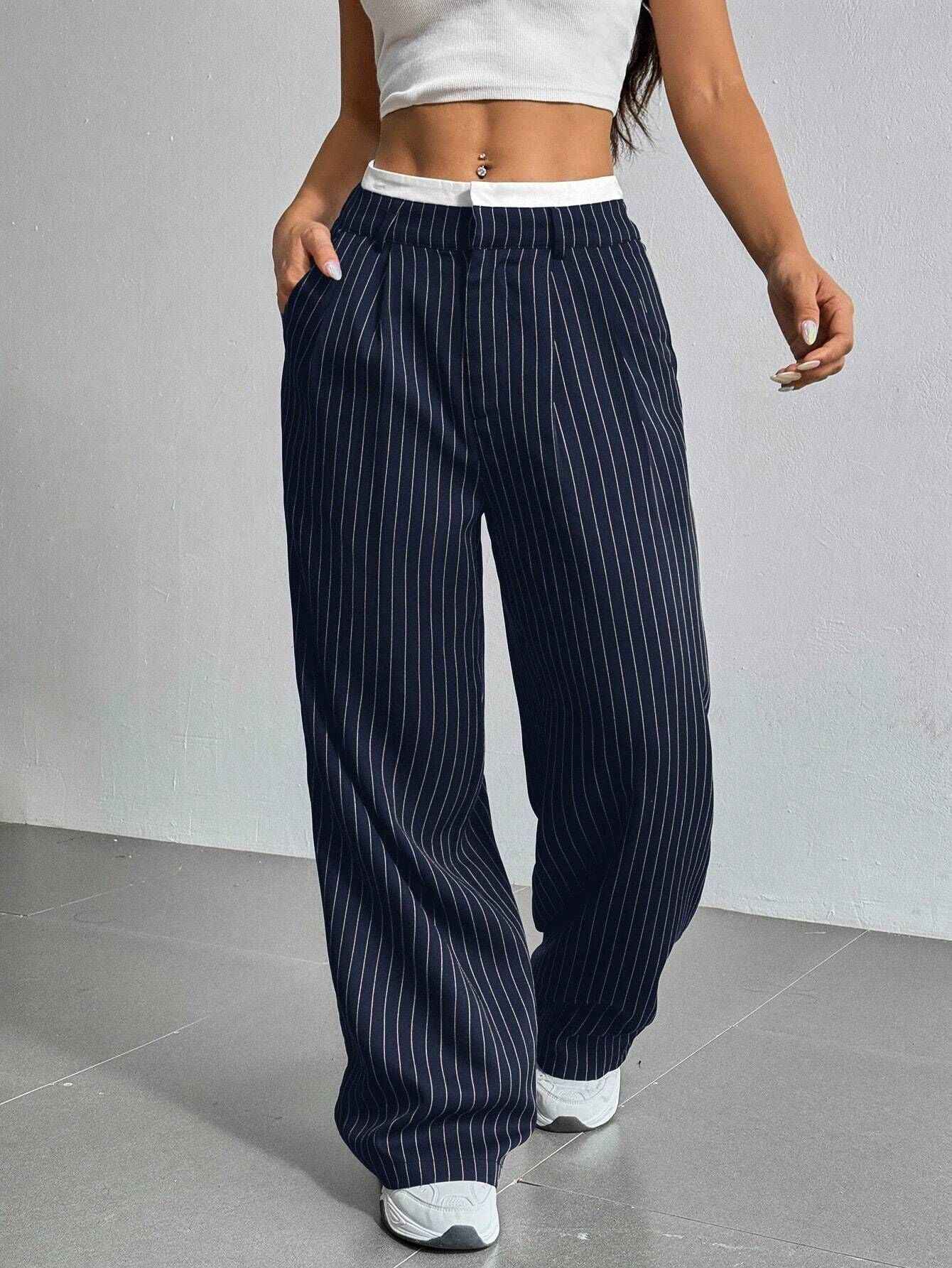 Selmirae® | Pantalon Droit Taille Haute à Rayures Élégantes
