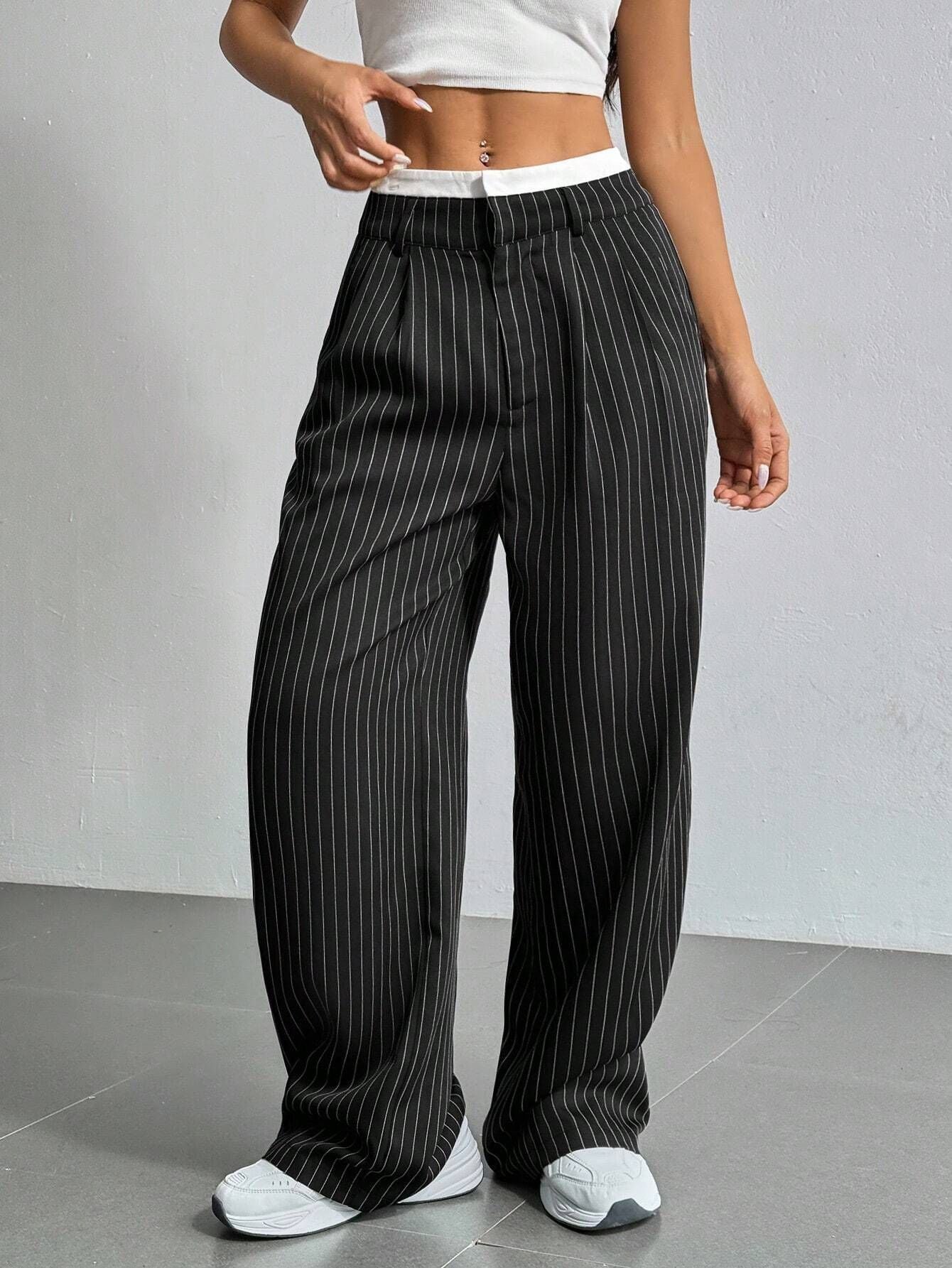 Selmirae® | Pantalon Droit Taille Haute à Rayures Élégantes