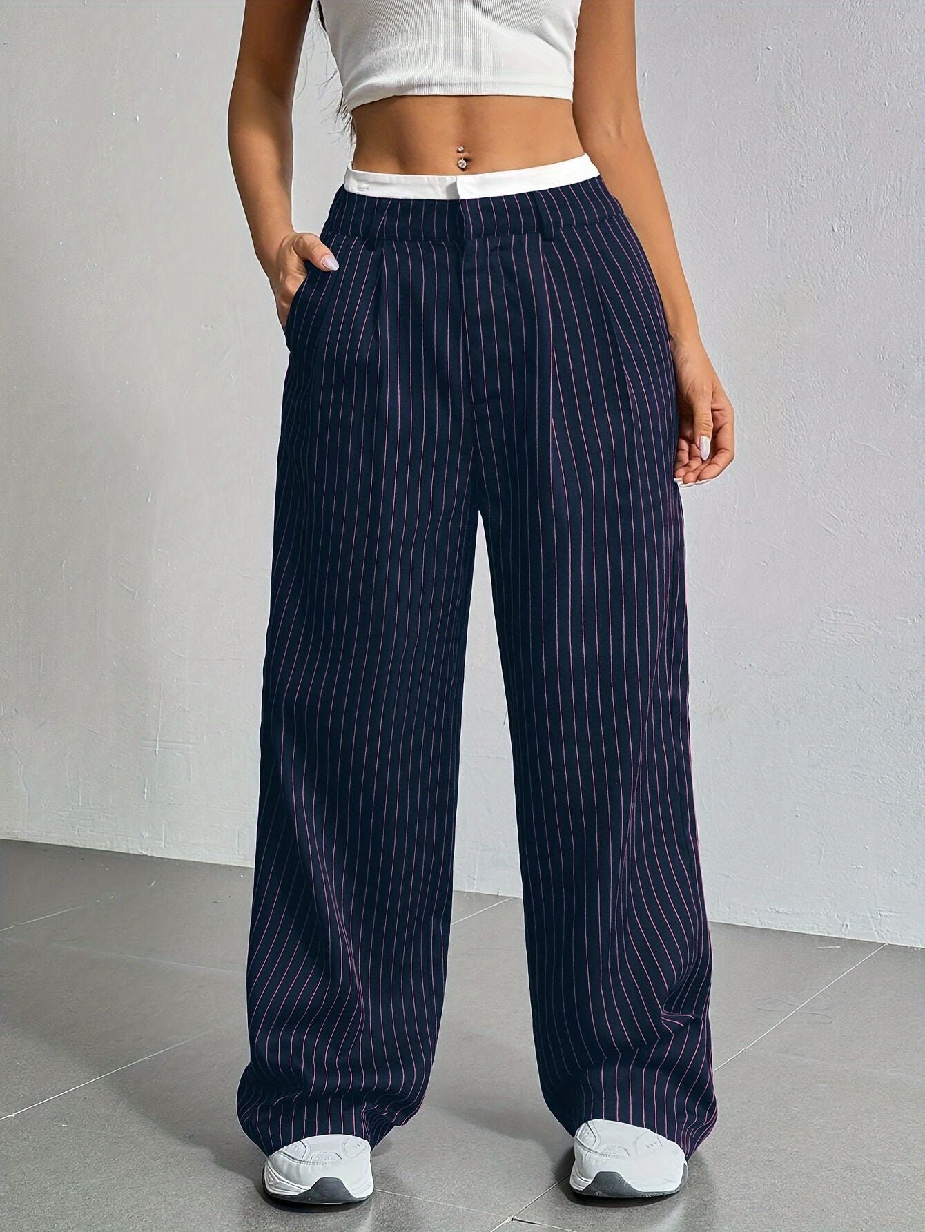 Selmirae® | Pantalon Droit Taille Haute à Rayures Élégantes
